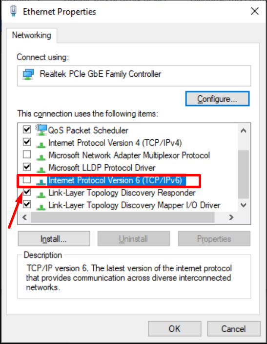 Disabling IPv6 on windows