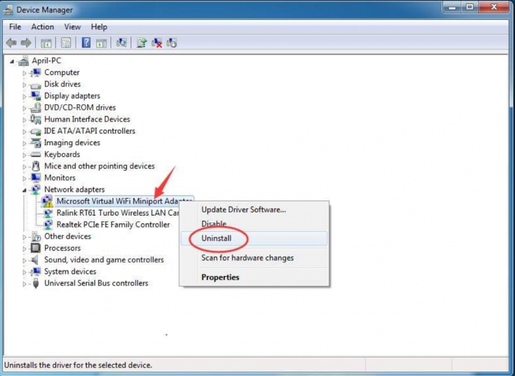 Uninstall Microsoft Virtual Wifi Miniport Adapter