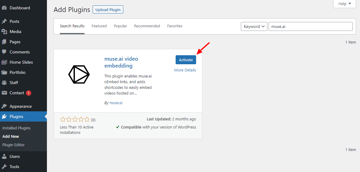 เปิดใช้งานปลั๊กอิน muse ai wordpress