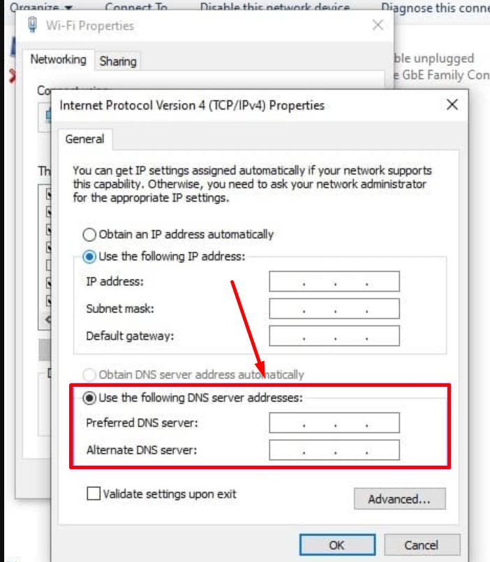Entering DNS server Address Manually