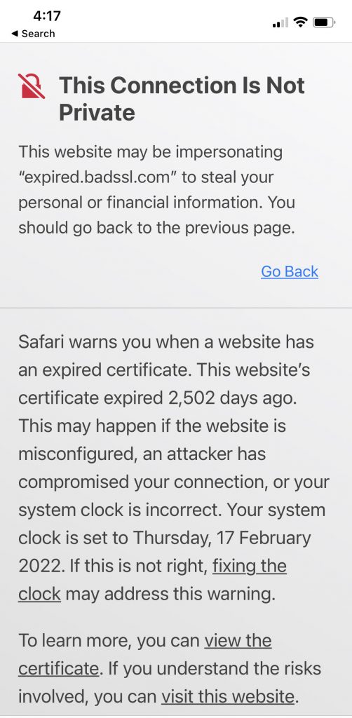 NET::ERR_CERT_AUTHORITY_INVALID error on Safari