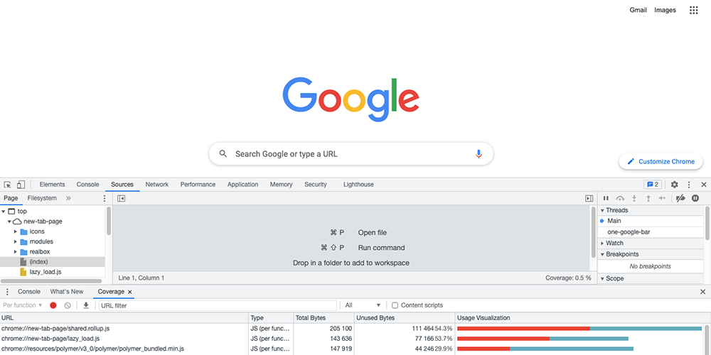Registerkarte "Abdeckung" von Chrome DevTools