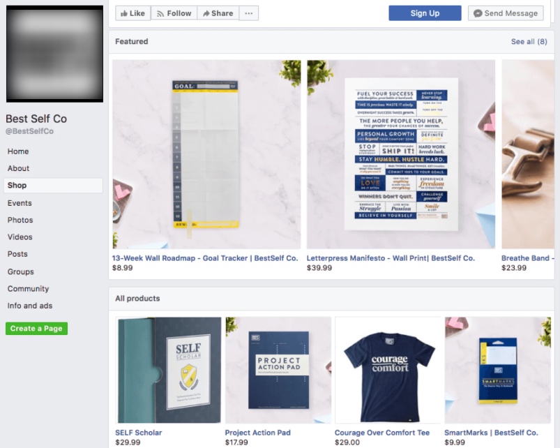 Ejemplo de tienda de Facebook