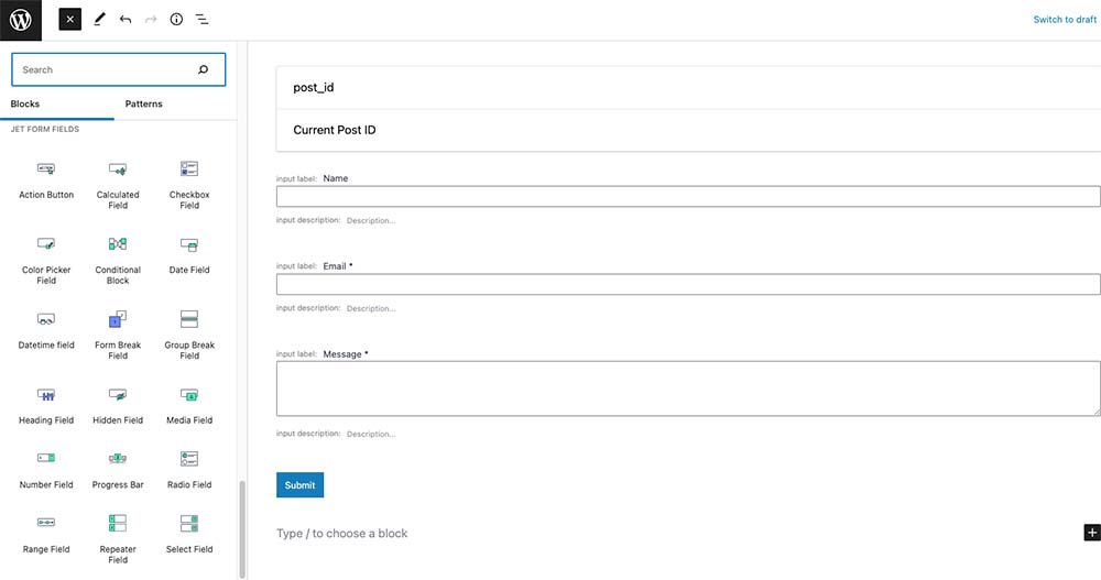 ฟิลด์แบบฟอร์มตัวสร้าง JetForm