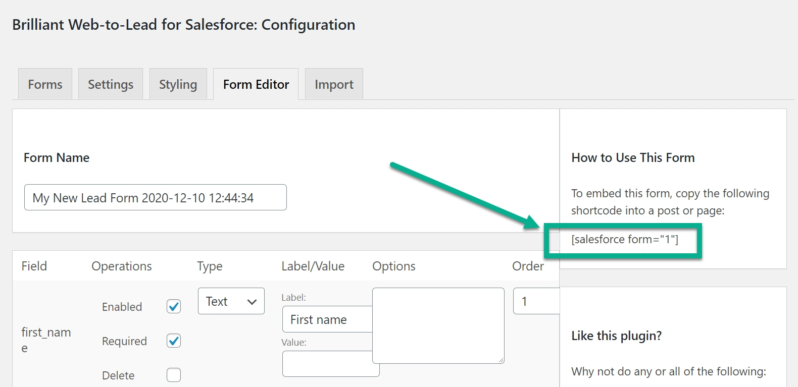 รหัสย่อสำหรับการรวม WordPress Salesforce