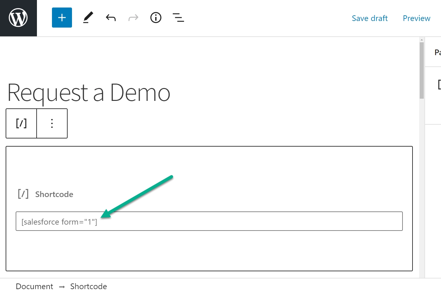 วางรหัสย่อสำหรับการรวม WordPress Salesforce