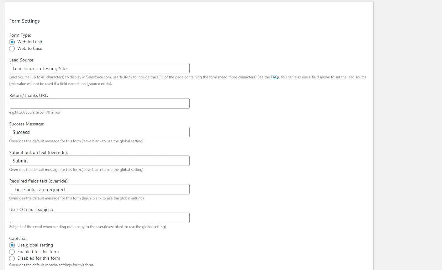 การตั้งค่าเพิ่มเติมสำหรับการรวม WordPress Salesforce