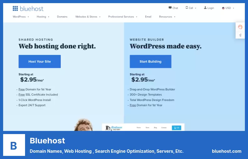 Bluehost - ชื่อโดเมน เว็บโฮสติ้ง การปรับแต่งโปรแกรมค้นหา เซิร์ฟเวอร์ ฯลฯ