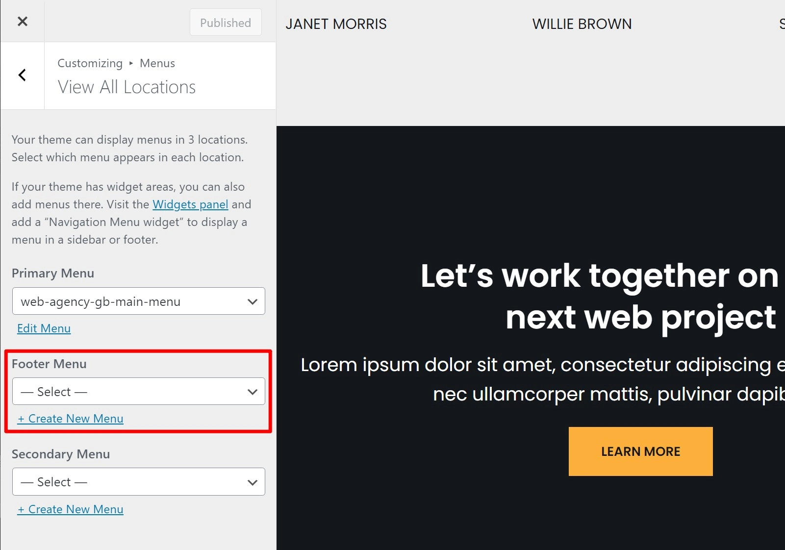 การสร้างเมนูส่วนท้ายของ wordpress