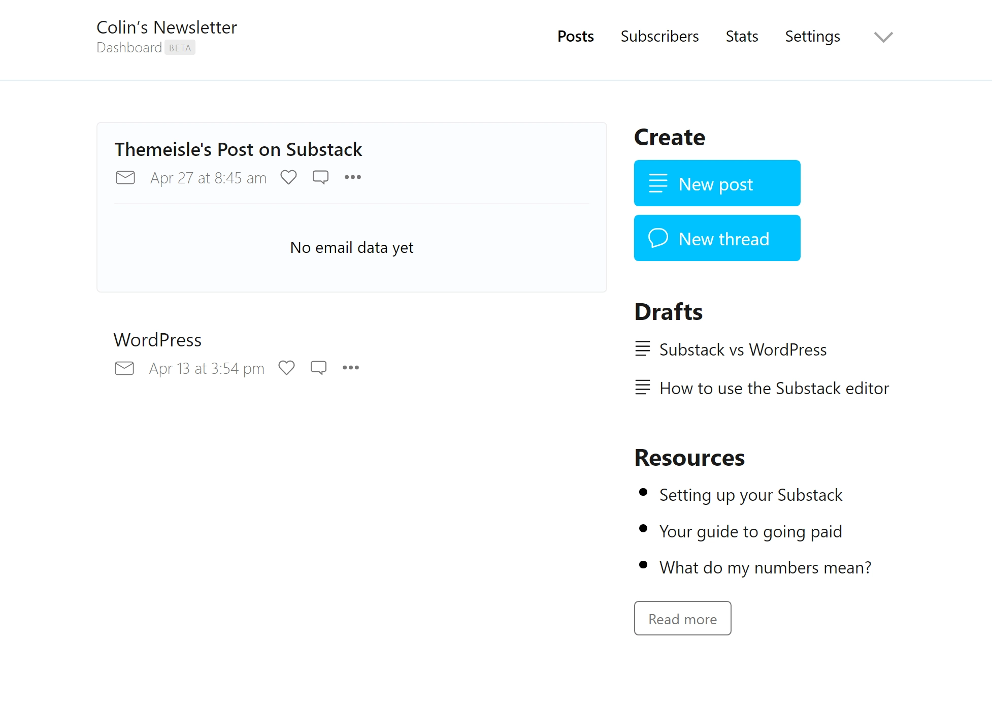 لوحة القيادة Substack