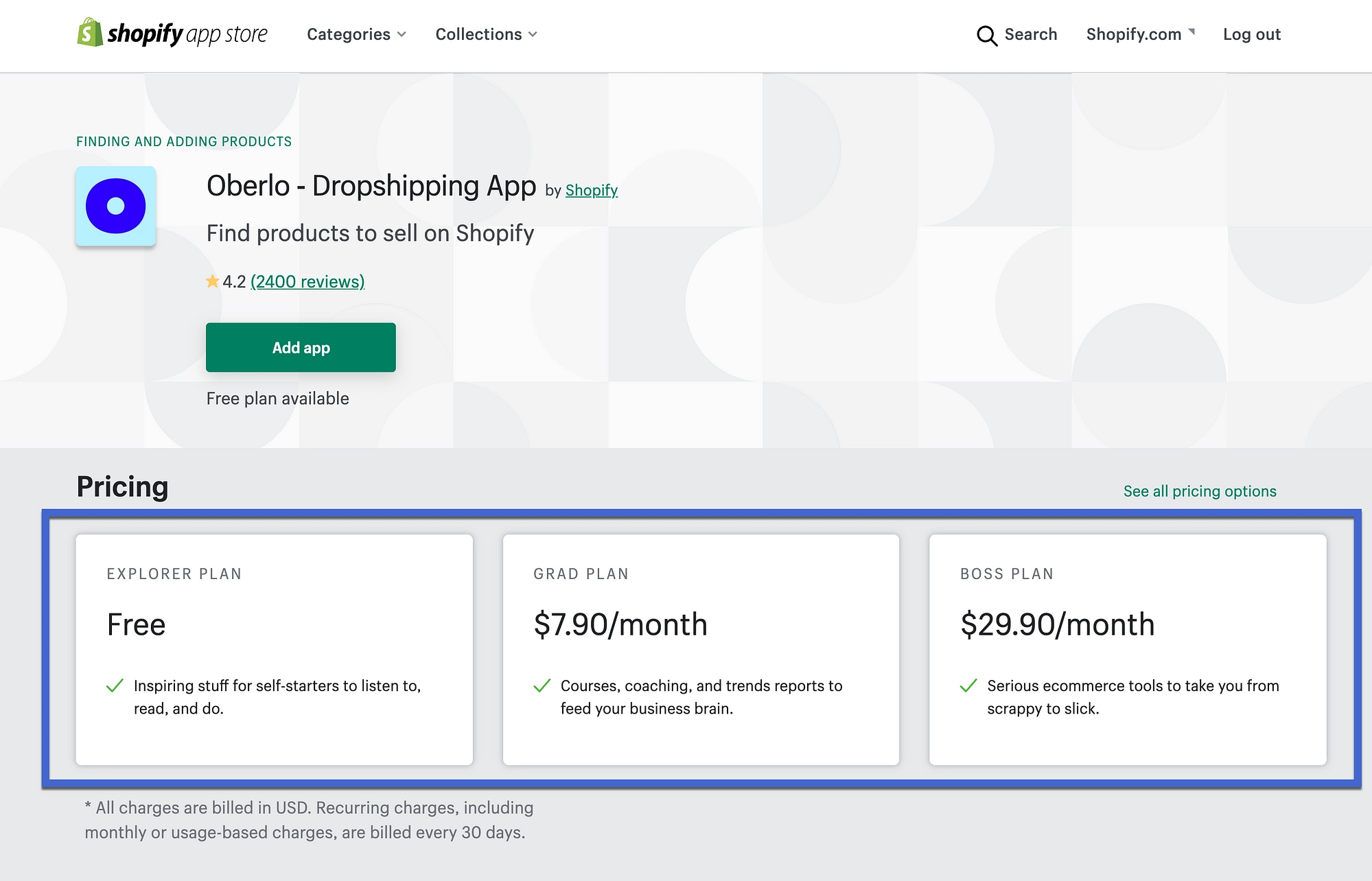 应用程序的详细 Shopify 定价
