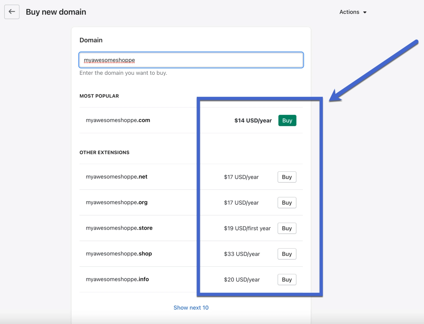 购买域名 - Shopify 定价