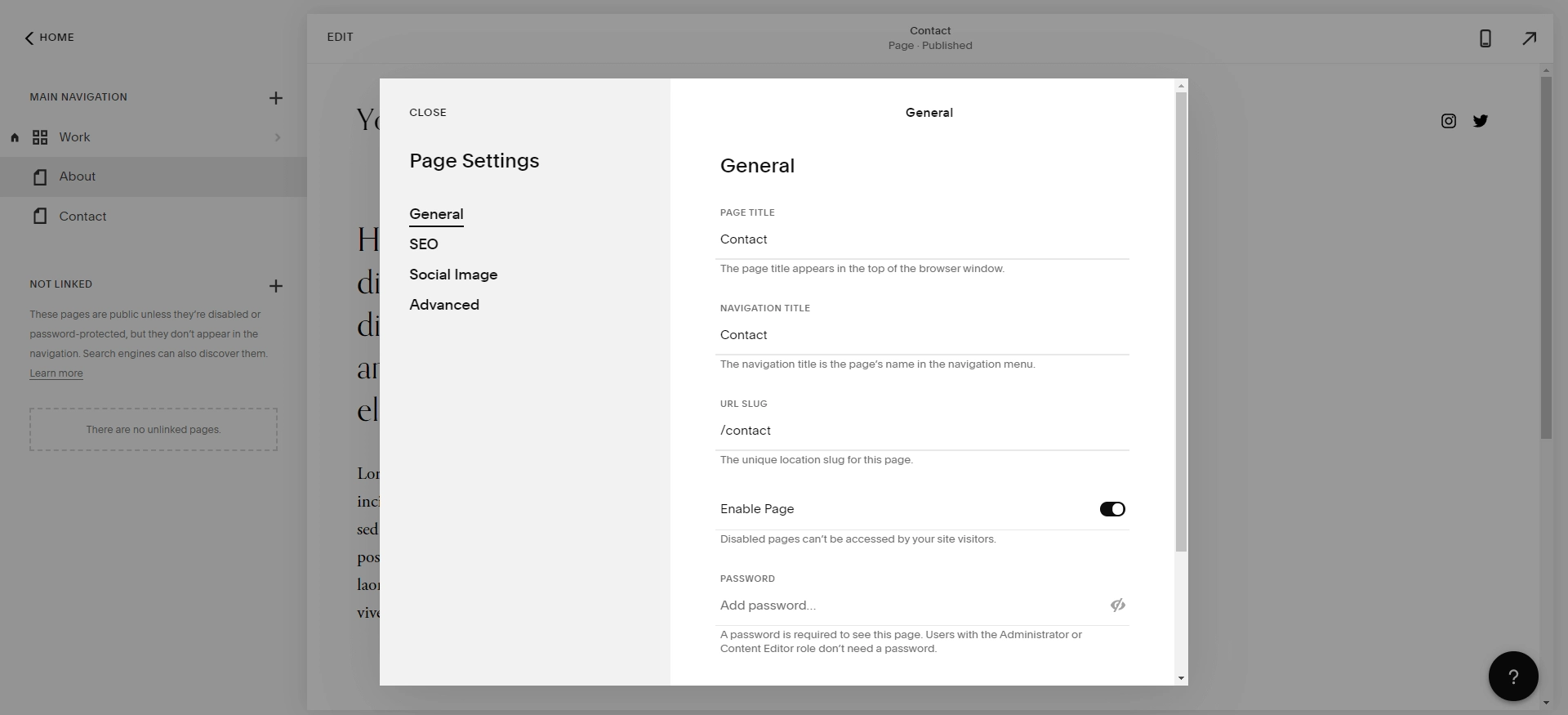 ตัวอย่างการตั้งค่าในตัวแก้ไข Squarespace