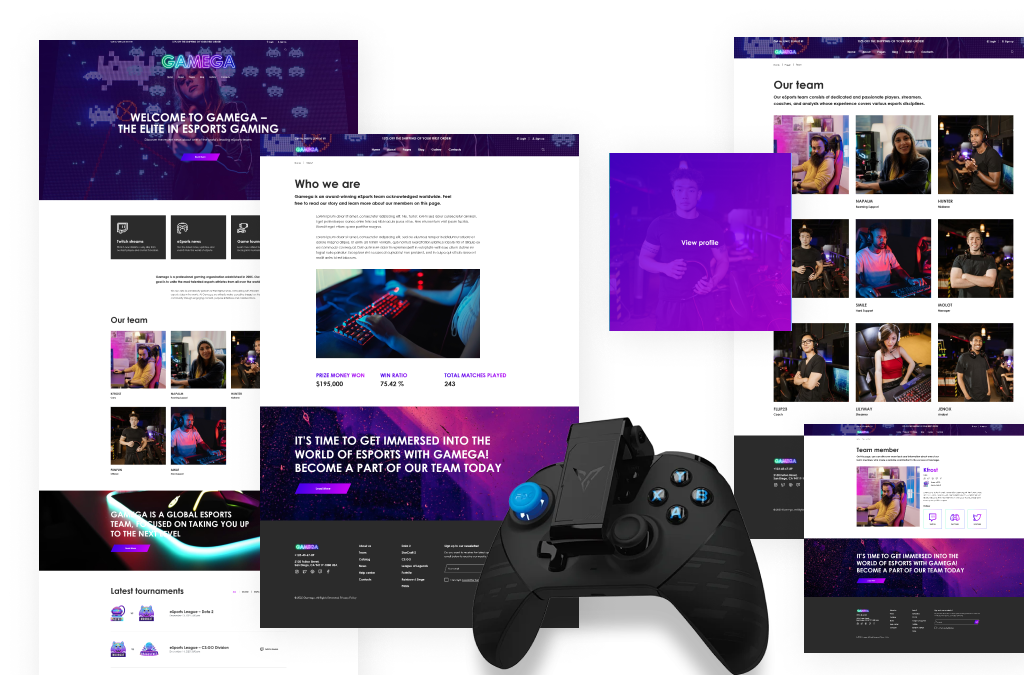 صفحات ومحتوى مصمم مسبقًا من نموذج Gamega eSports و Cyber Gaming HTML