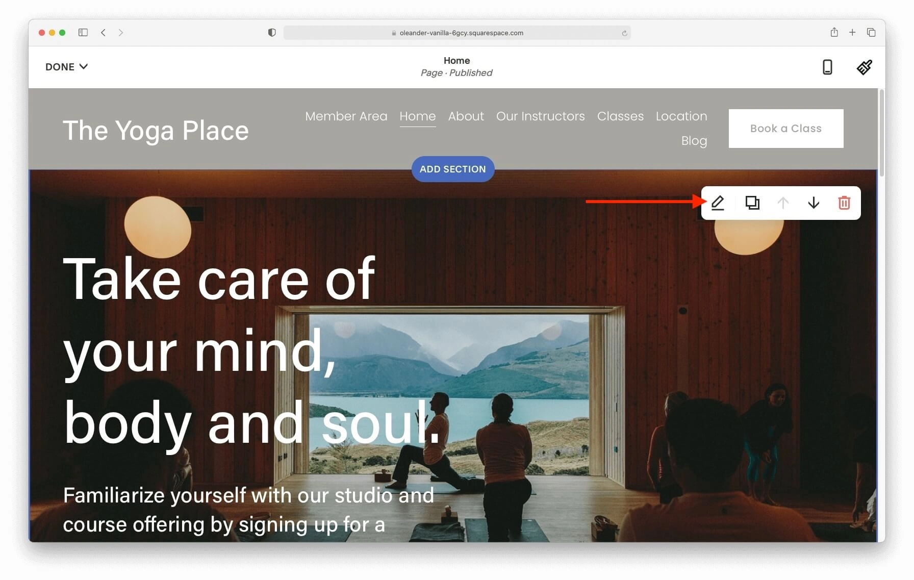 كيفية استخدام عناصر تحكم التحرير في Squarespace لتغيير مظهر القسم.