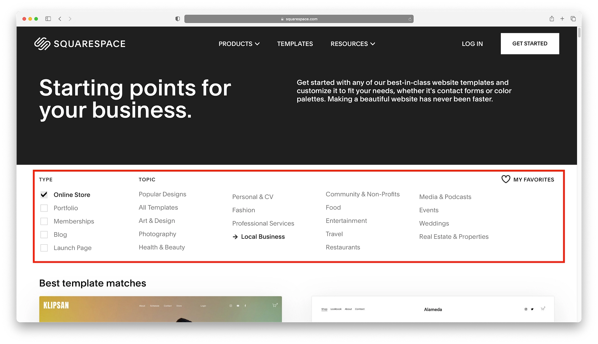 يتم تنظيم قوالب Squarespace وفقًا لمدى تطابقها مع أهداف موقع الويب الخاص بك.