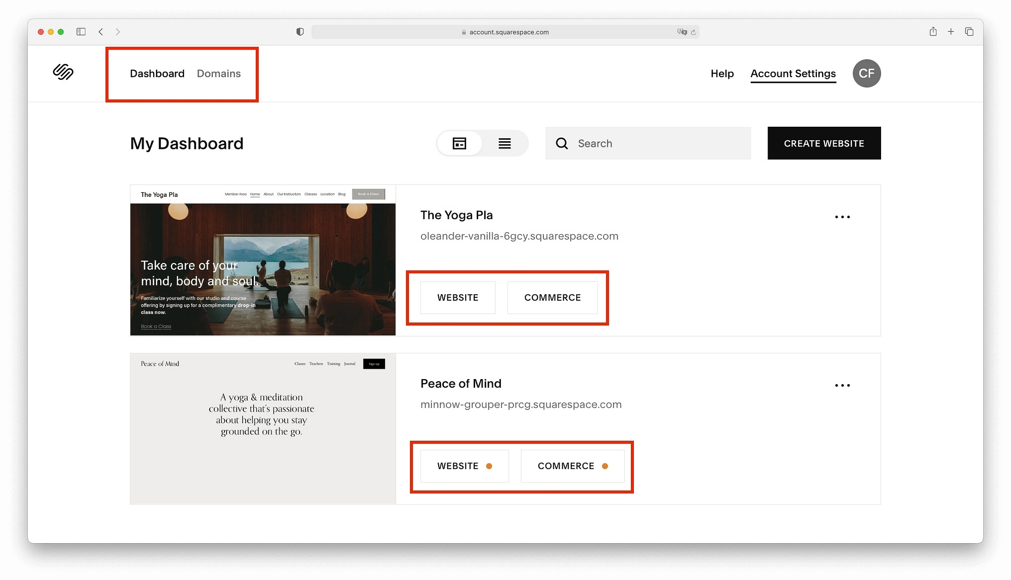 خيارات لوحة القيادة Squarespace