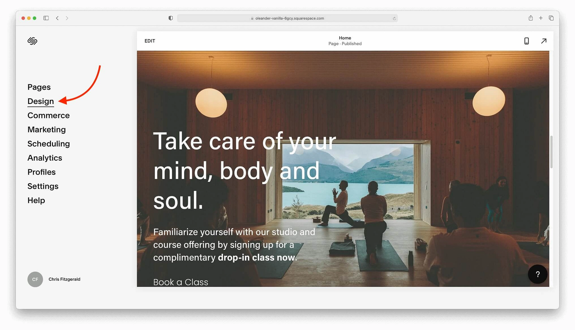 تحديد موقع علامة التبويب تصميم Squarespace