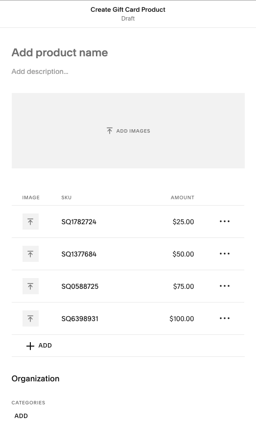 خيارات بطاقة الهدايا في Squarespace