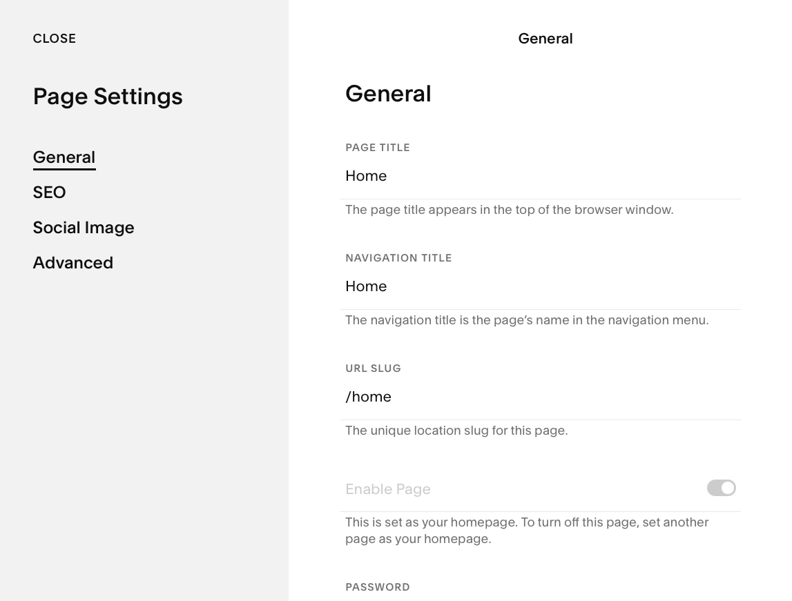 البرنامج التعليمي Squarespace الذي يغطي إعدادات الصفحة العامة