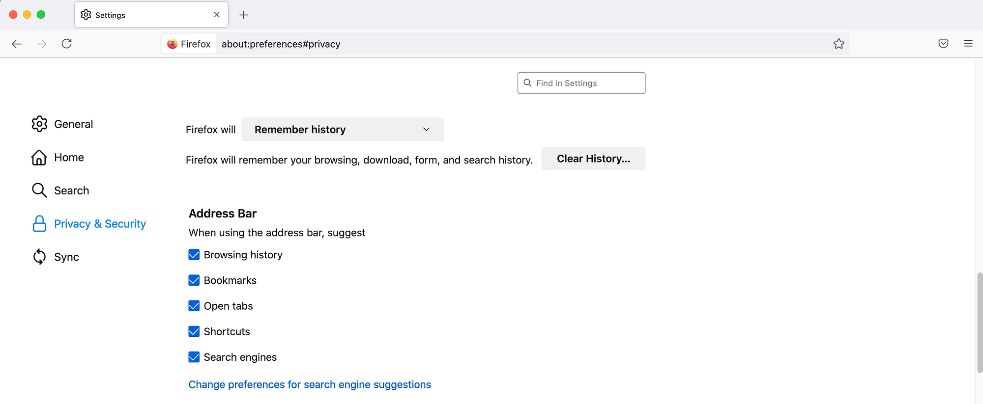 إعدادات محفوظات Mozilla Firefox الواضحة.