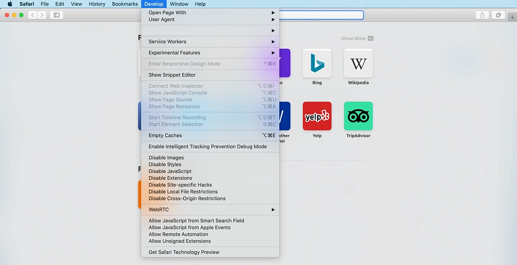 قائمة تطوير Apple Safari.