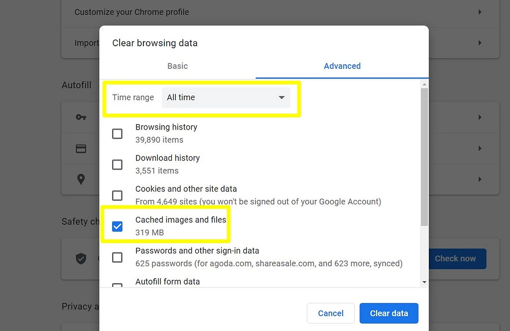 مسح ذاكرة التخزين المؤقت للمتصفح في Chrome