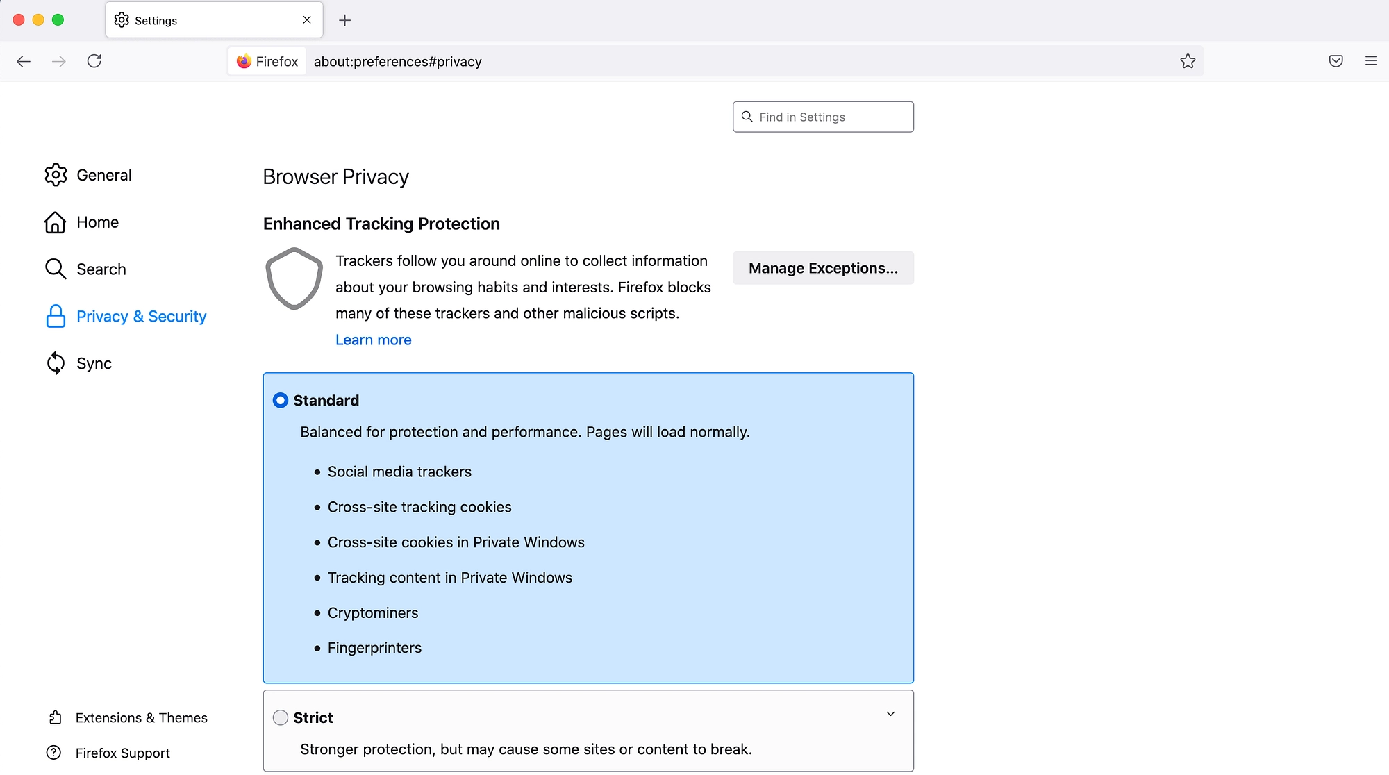 إعدادات الخصوصية والأمان في Mozilla Firefox.