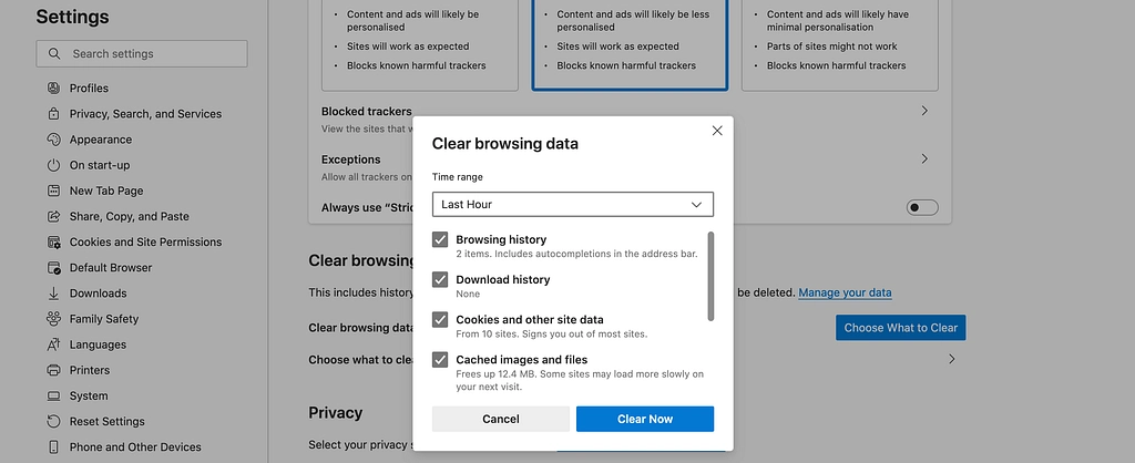 إعدادات النطاق الزمني لـ Microsoft Edge.