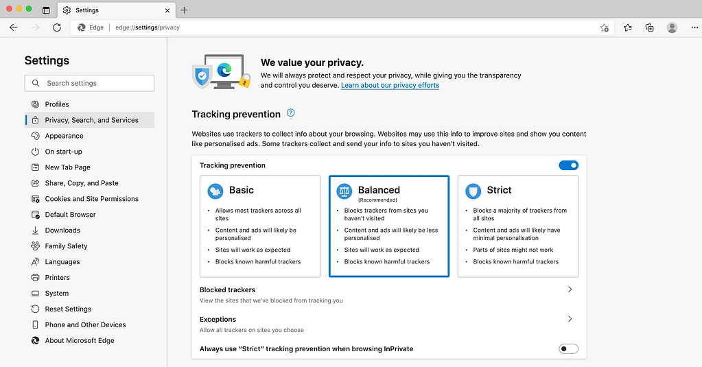 علامة تبويب إعدادات Microsoft Edge.