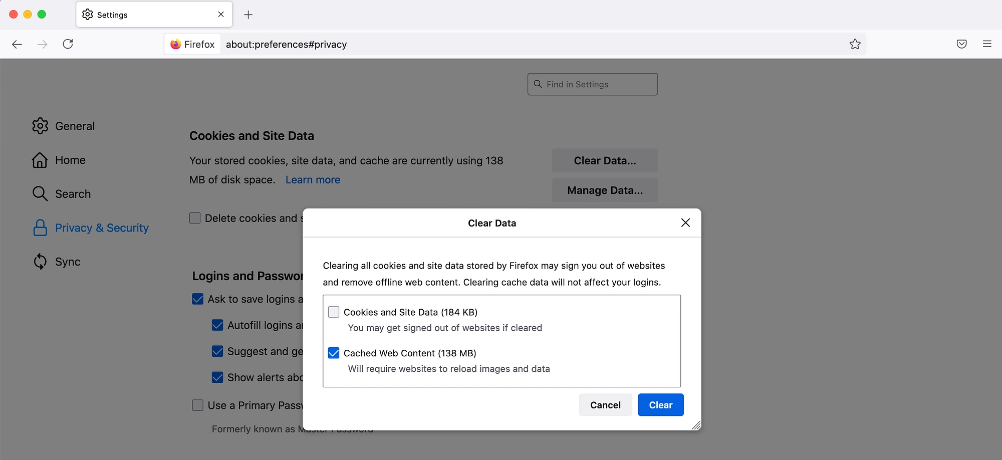 كيفية مسح ذاكرة التخزين المؤقت باستخدام متصفح Firefox من Mozilla.
