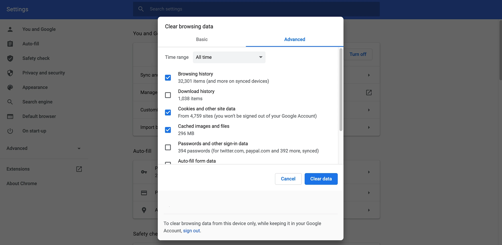 علامة تبويب إعدادات Chrome.