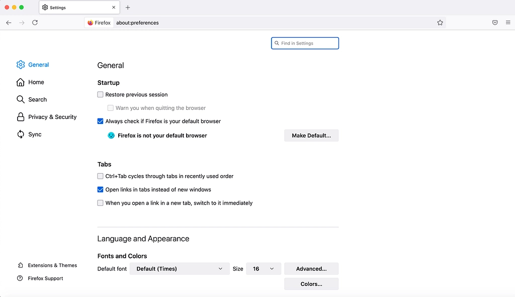 علامة التبويب تفضيلات Mozilla Firefox.