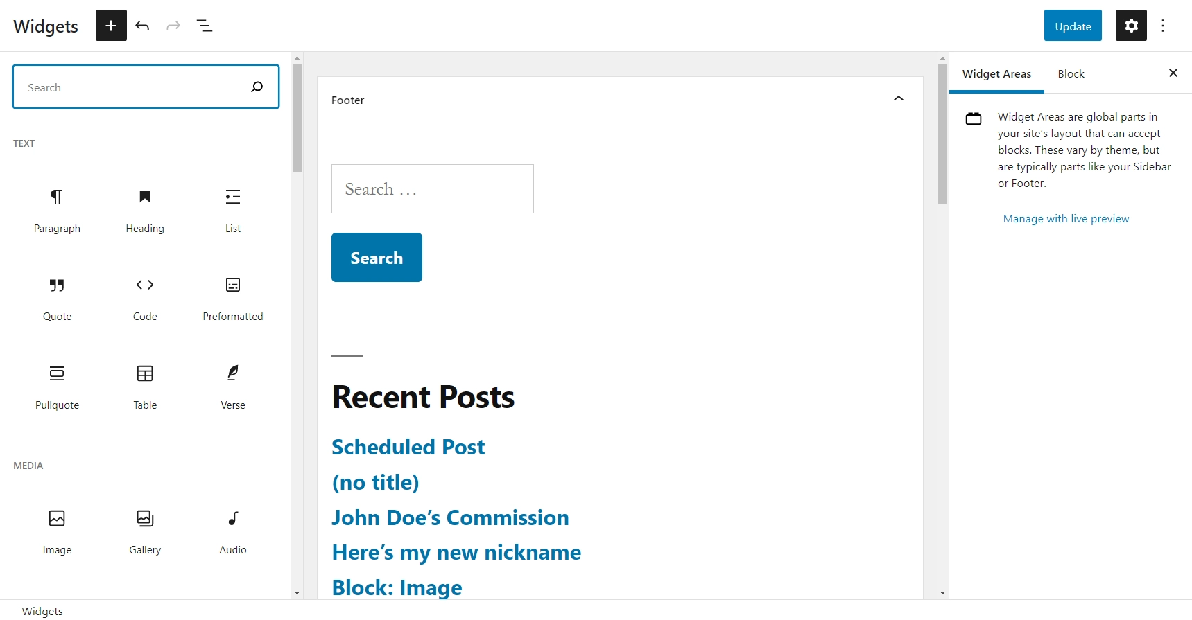 หน้าจอหลักแสดงตัวแก้ไขวิดเจ็ต WordPress