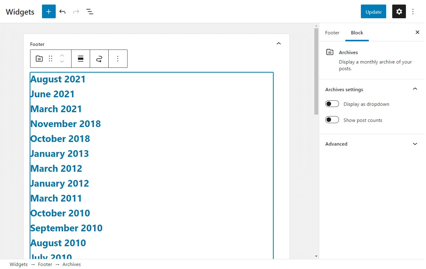ตัวอย่างของวิดเจ็ต Archive