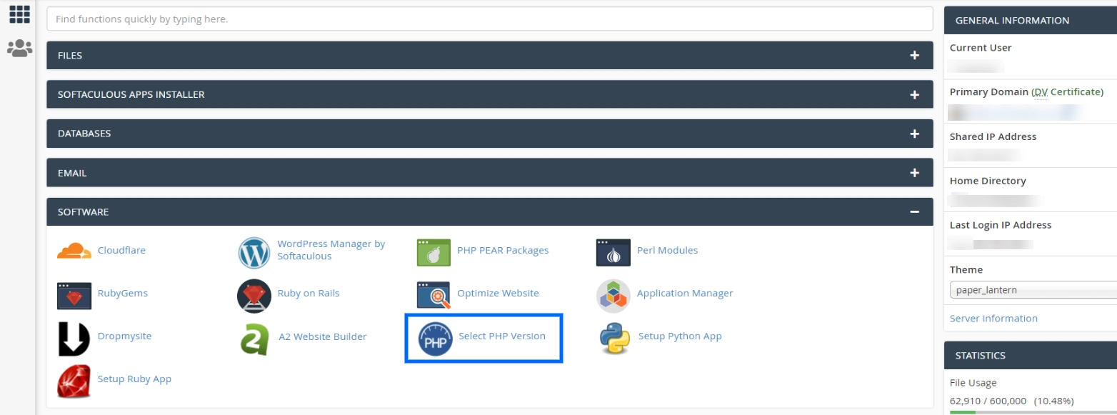 ตัวเลือก Select PHP Version ใน cPanel