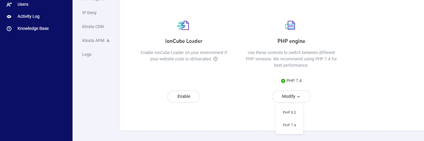 การแก้ไขเวอร์ชัน PHP ใน MyKinsta