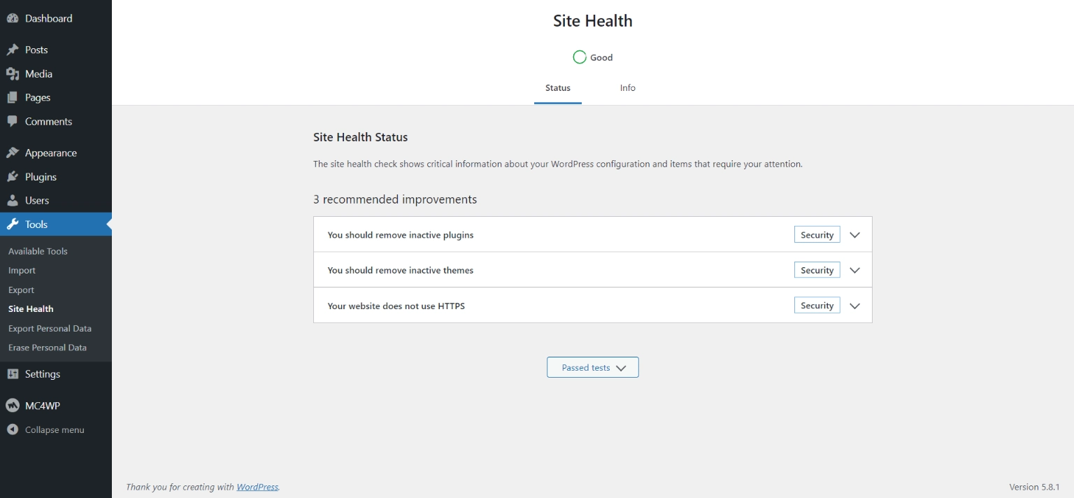 หน้าจอความสมบูรณ์ของไซต์ WordPress