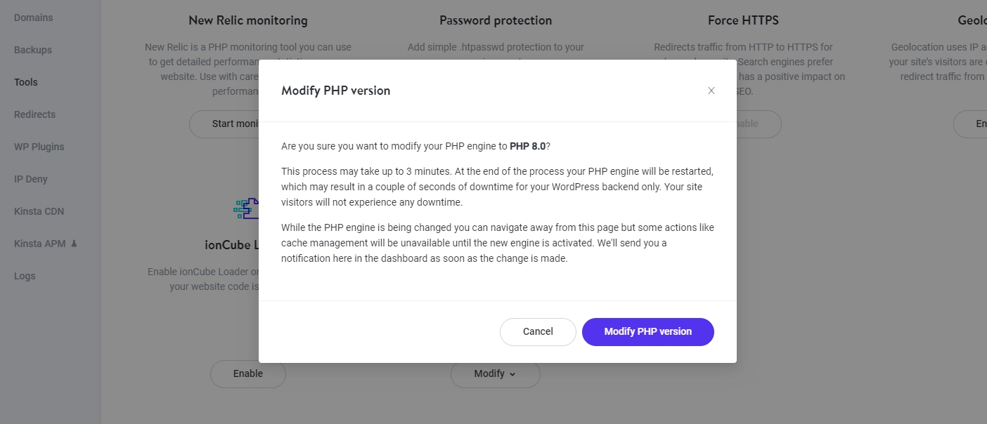 แก้ไขป๊อปอัปการยืนยันเวอร์ชัน PHP ใน MyKinsta