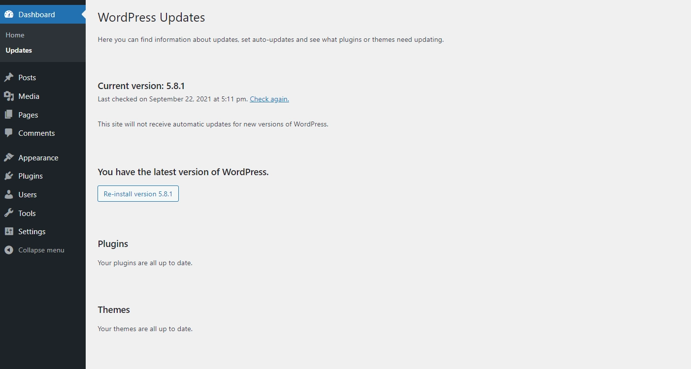 หน้าจอการอัปเดต WordPress