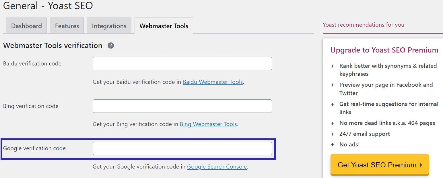 จะป้อนรหัสยืนยัน Google Search Console ด้วยปลั๊กอิน Yoast SEO ได้ที่ไหน