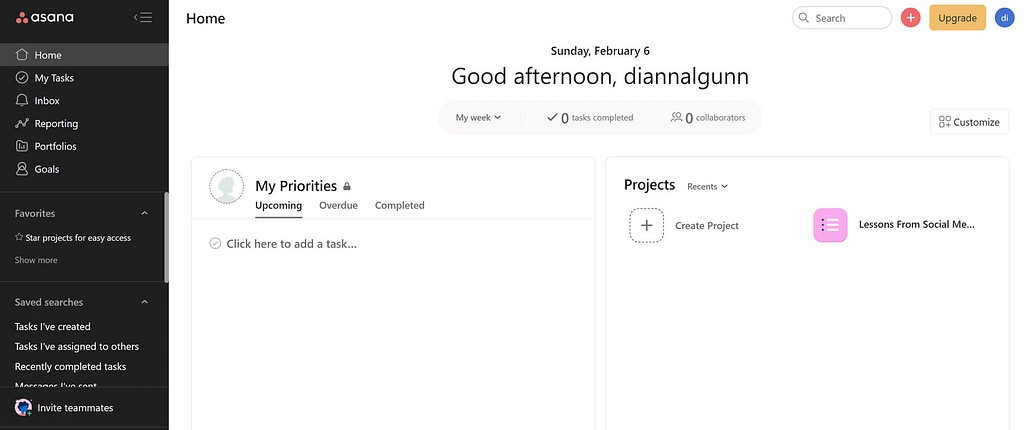 Trello 대 Asana: Asana 계정 대시보드