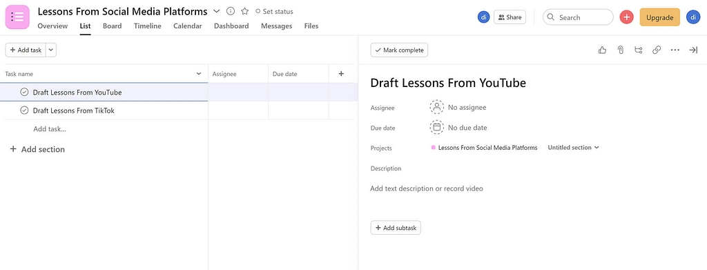 Trello 대 Asana: Asana 작업 설정