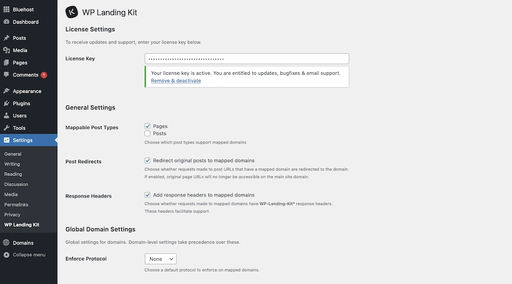 Экран настроек WP Landing Kit.