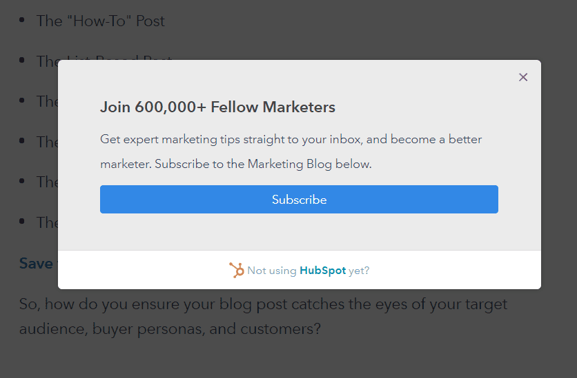 مثال على Hubspot المنبثقة
