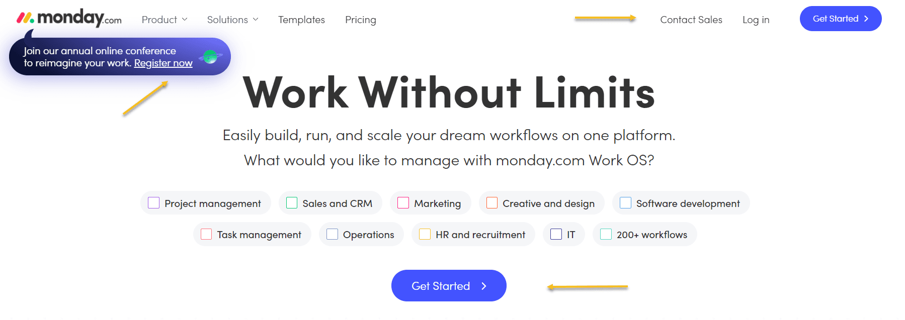 Ejemplo de página de inicio de Monday.com