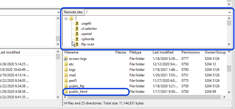 เลือกโฟลเดอร์ public_html ในไคลเอนต์ FileZilla