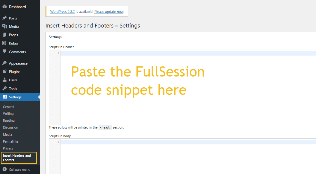 วางข้อมูลโค้ด FullSession ใน WordPress