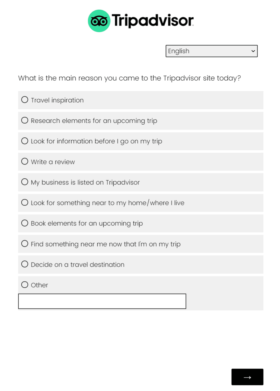 ภาพหน้าจอของแบบสำรวจการค้นพบลูกค้าบน TripAdvisor.com