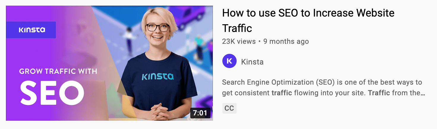 วิดีโอสอน Kinsta สำหรับวิธีใช้ SEO เพื่อเพิ่มการเข้าชมเว็บไซต์